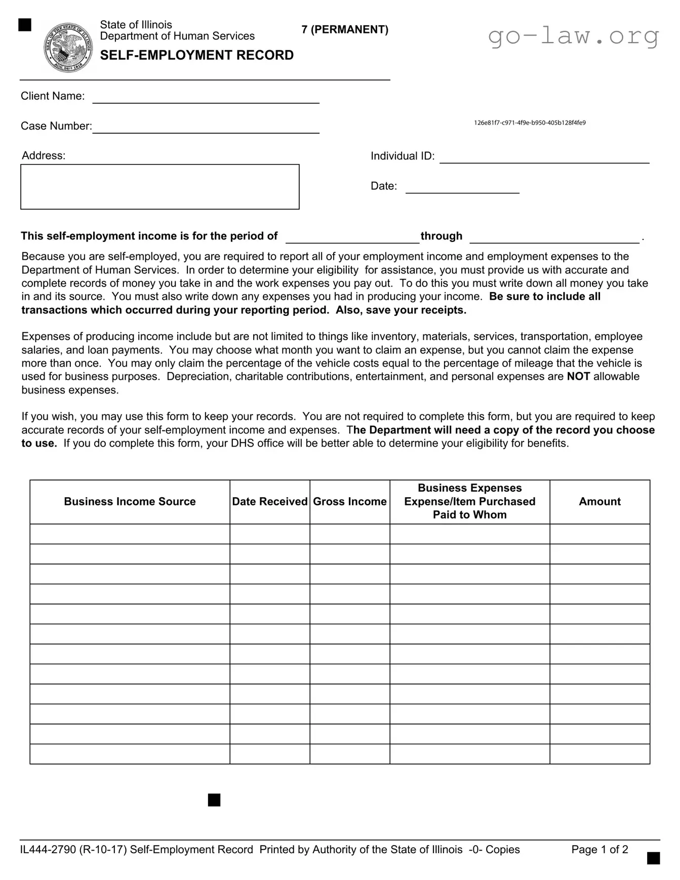Download Il 444 2790 Self Employment Record Form in PDF