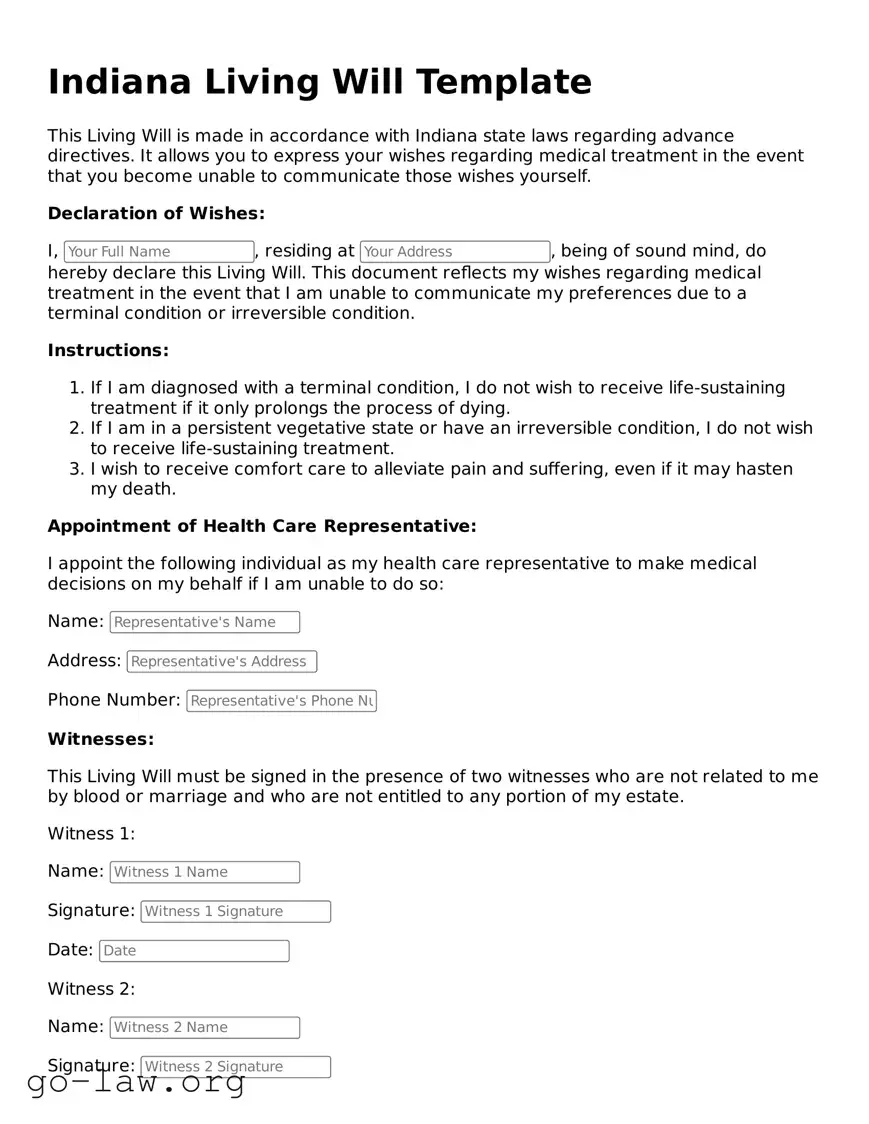 Fillable Indiana Living Will Form