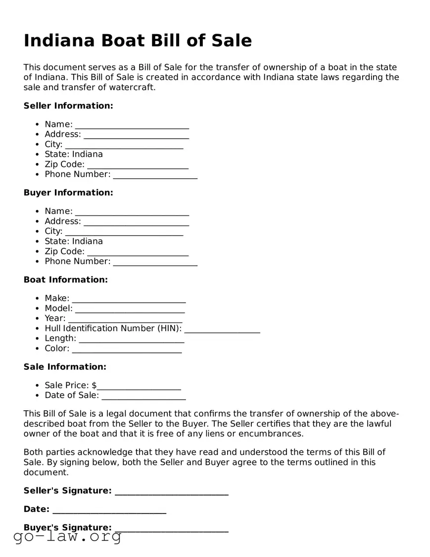 Fillable Indiana Boat Bill of Sale Form