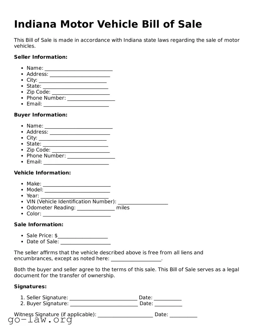 Fillable Indiana Motor Vehicle Bill of Sale Form