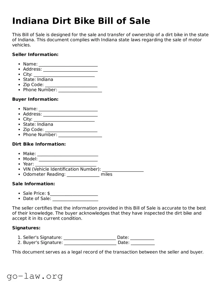 Fillable Indiana Dirt Bike Bill of Sale Form