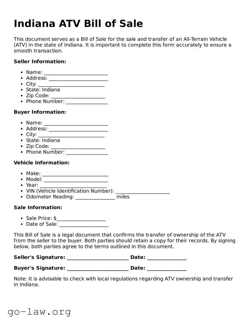 Fillable Indiana ATV Bill of Sale Form
