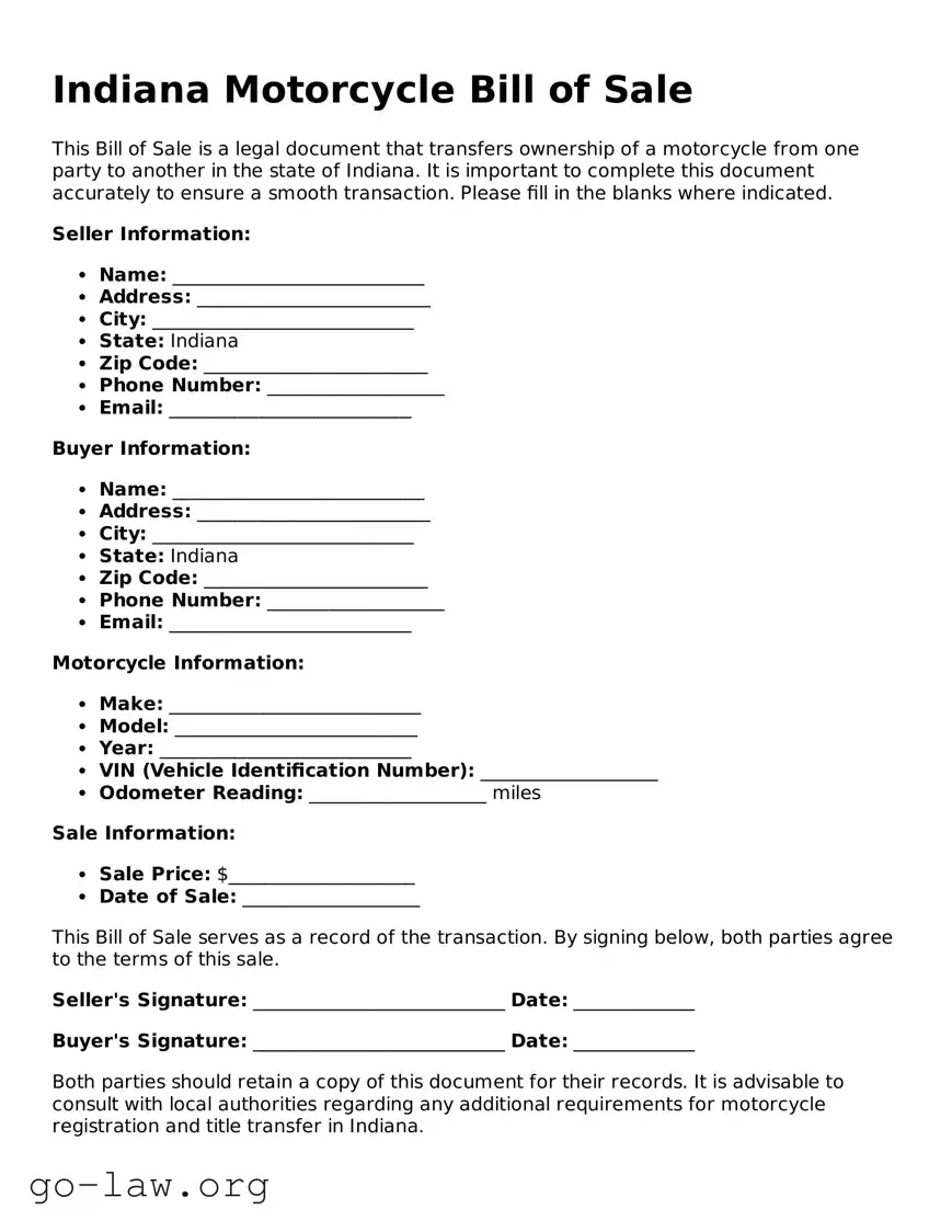 Fillable Indiana Motorcycle Bill of Sale Form