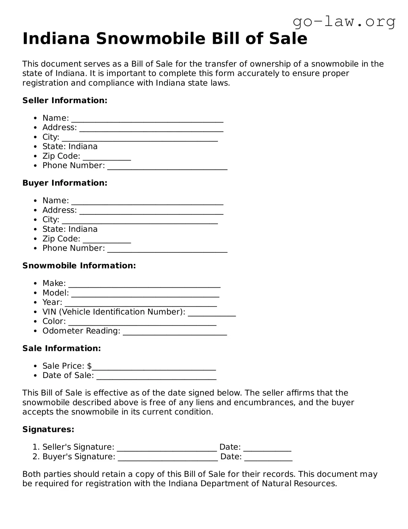 Fillable Indiana Snowmobile Bill of Sale Form