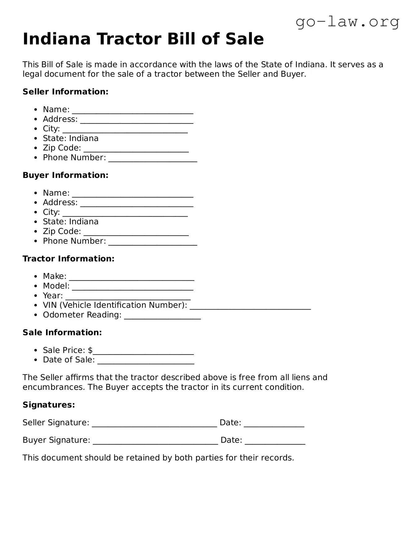 Fillable Indiana Tractor Bill of Sale Form