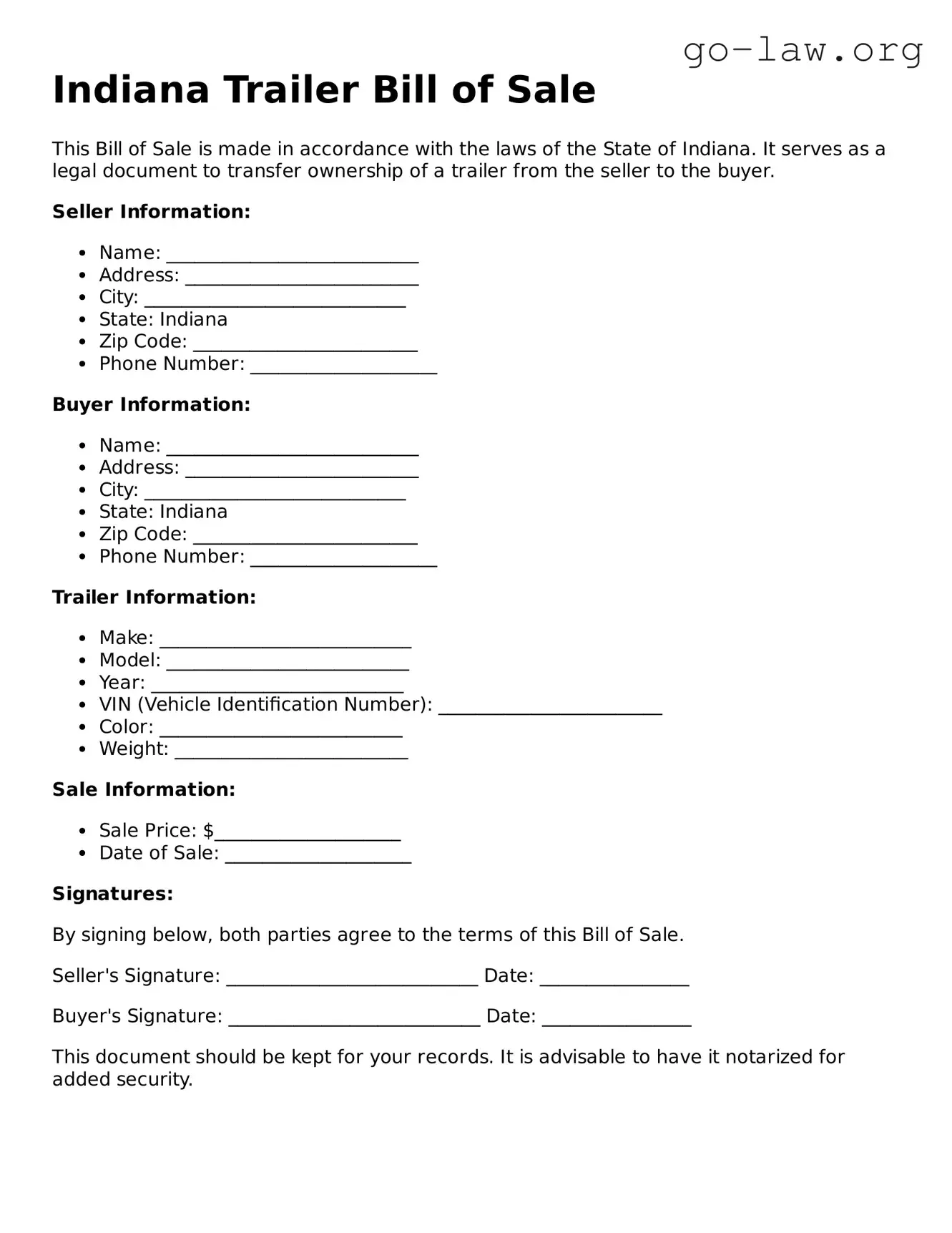 Fillable Indiana Trailer Bill of Sale Form