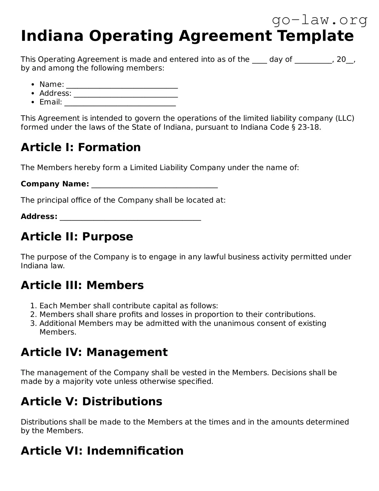 Fillable Indiana Operating Agreement Form