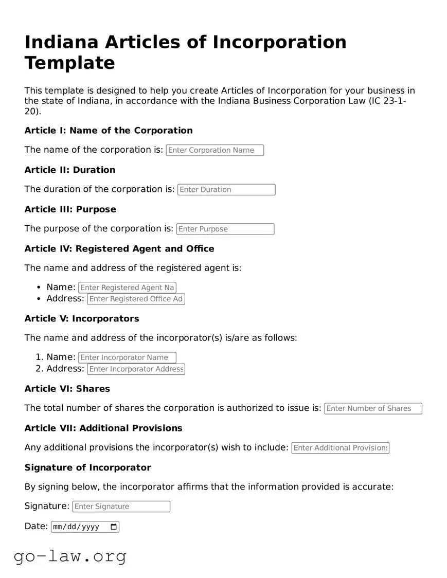 Fillable Indiana Articles of Incorporation Form