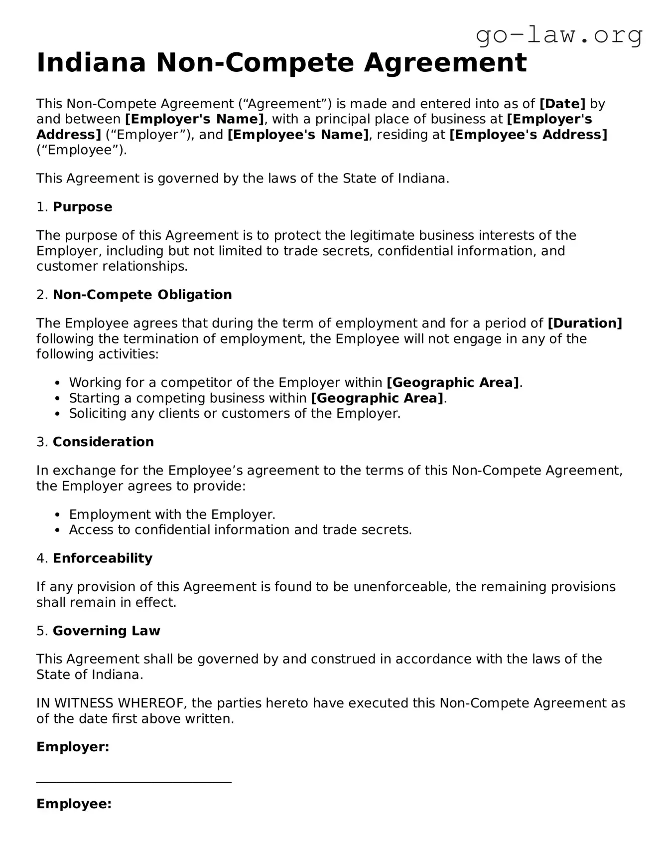 Fillable Indiana Non-compete Agreement Form