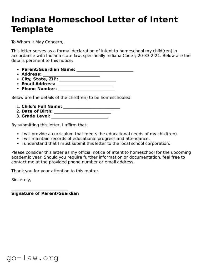 Fillable Indiana Homeschool Letter of Intent Form