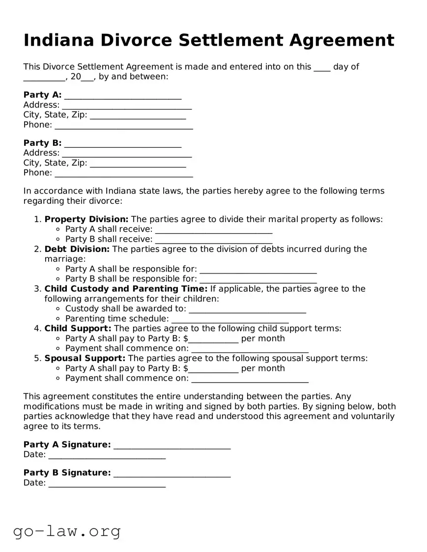 Fillable Indiana Divorce Settlement Agreement Form