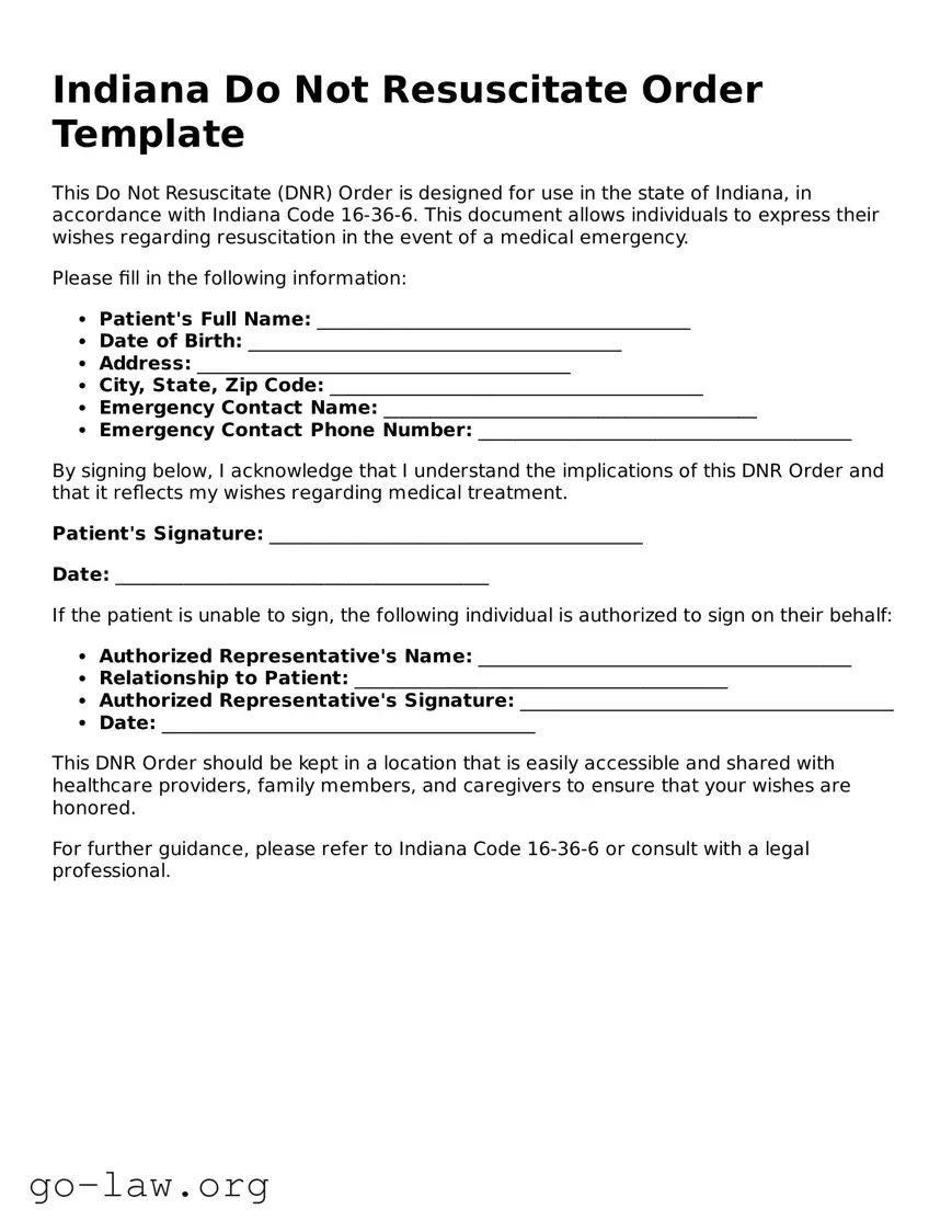 Fillable Indiana Do Not Resuscitate Order Form