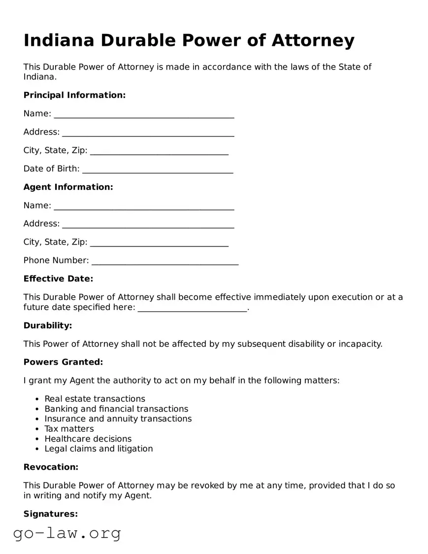 Fillable Indiana Durable Power of Attorney Form