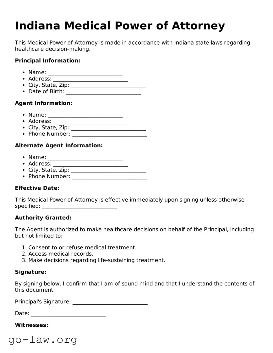 Fillable Indiana Medical Power of Attorney Form