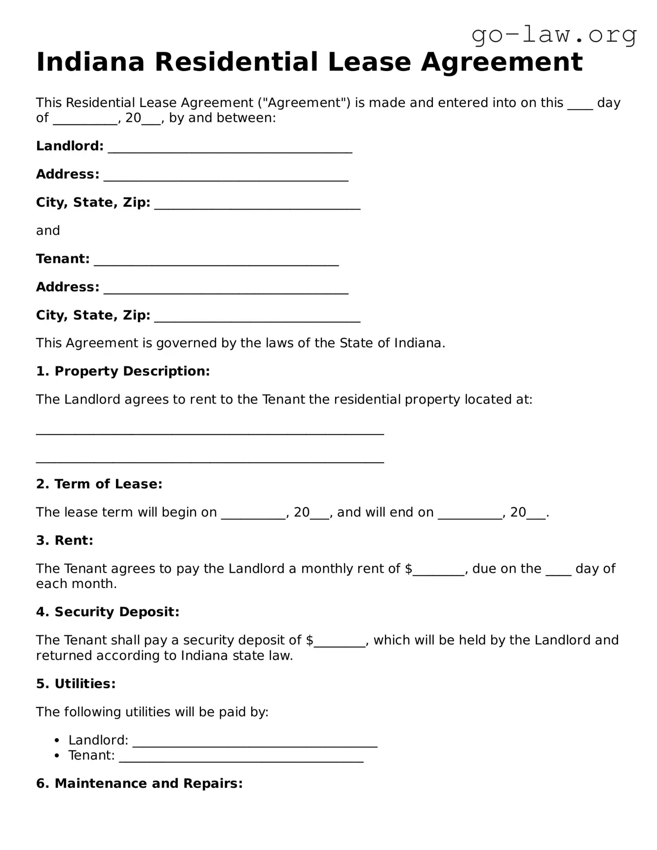 Fillable Indiana Residential Lease Agreement Form