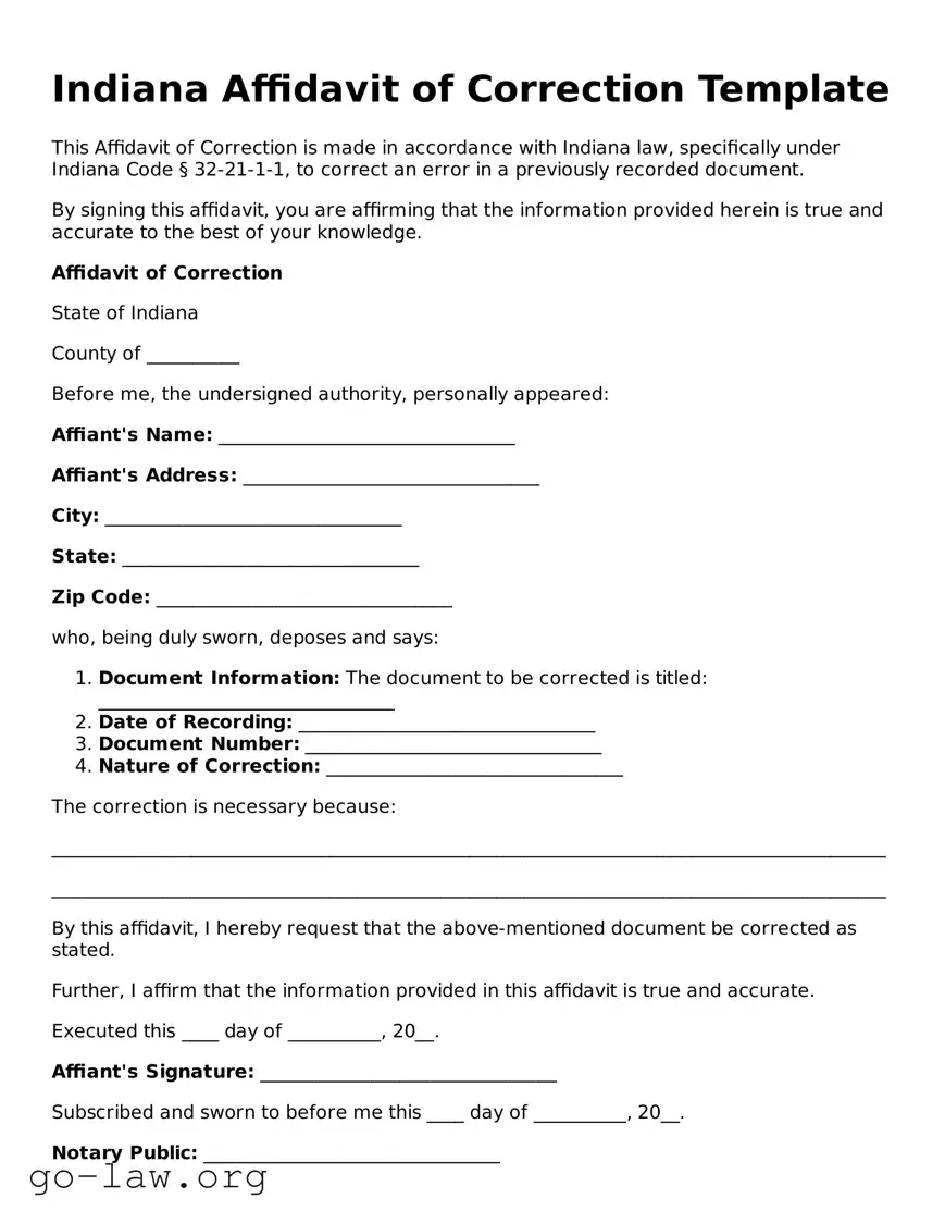 Fillable Indiana Affidavit of Correction Form