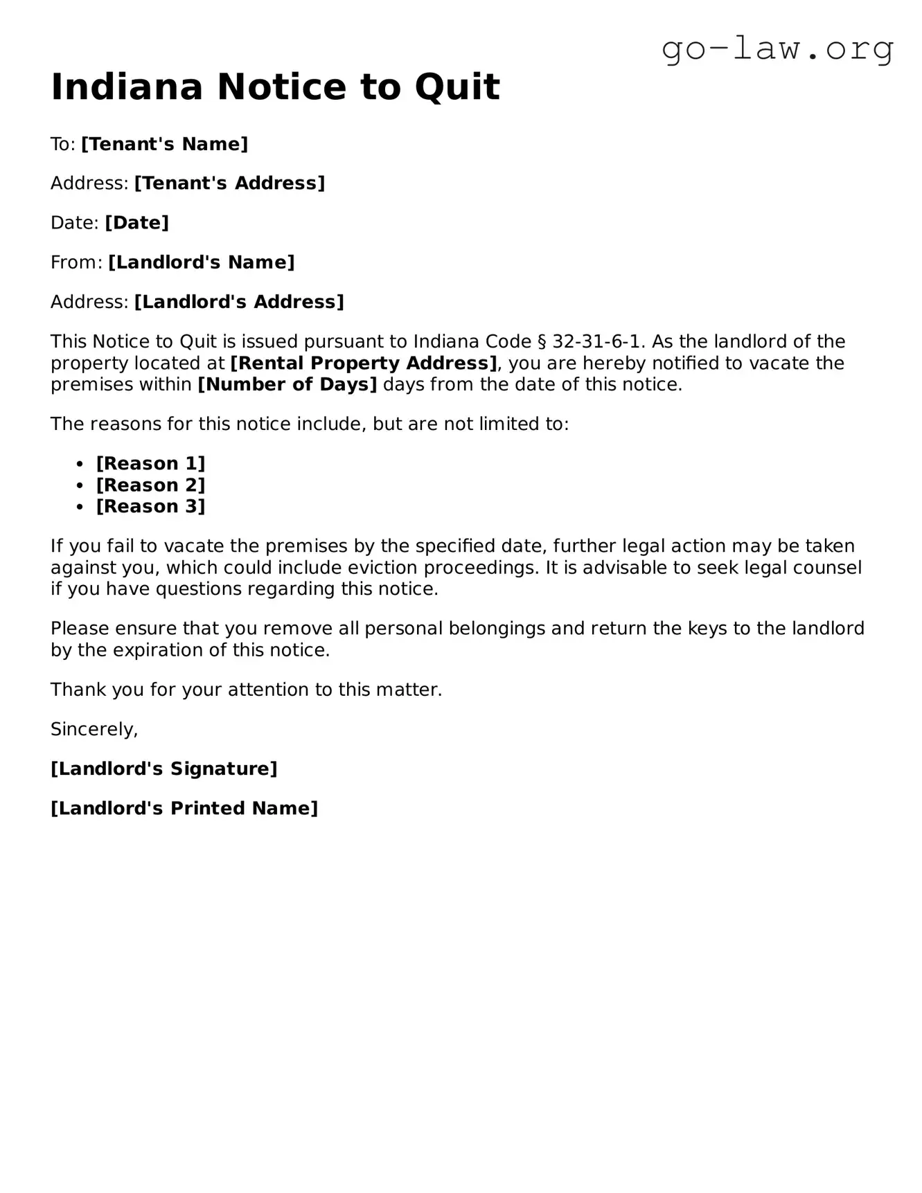 Fillable Indiana Notice to Quit Form