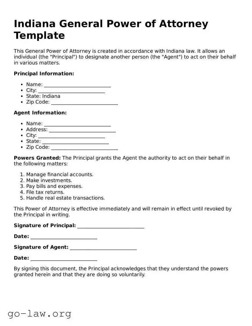 Fillable Indiana General Power of Attorney Form