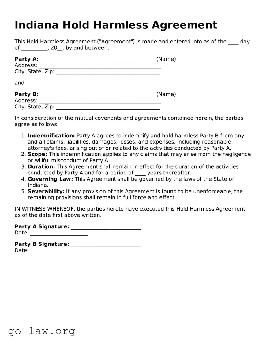 Fillable Indiana Hold Harmless Agreement Form