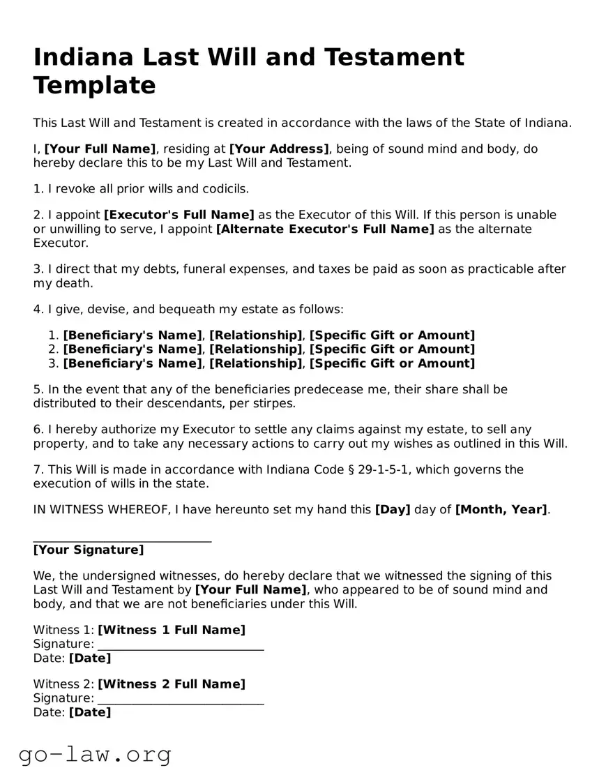 Fillable Indiana Last Will and Testament Form