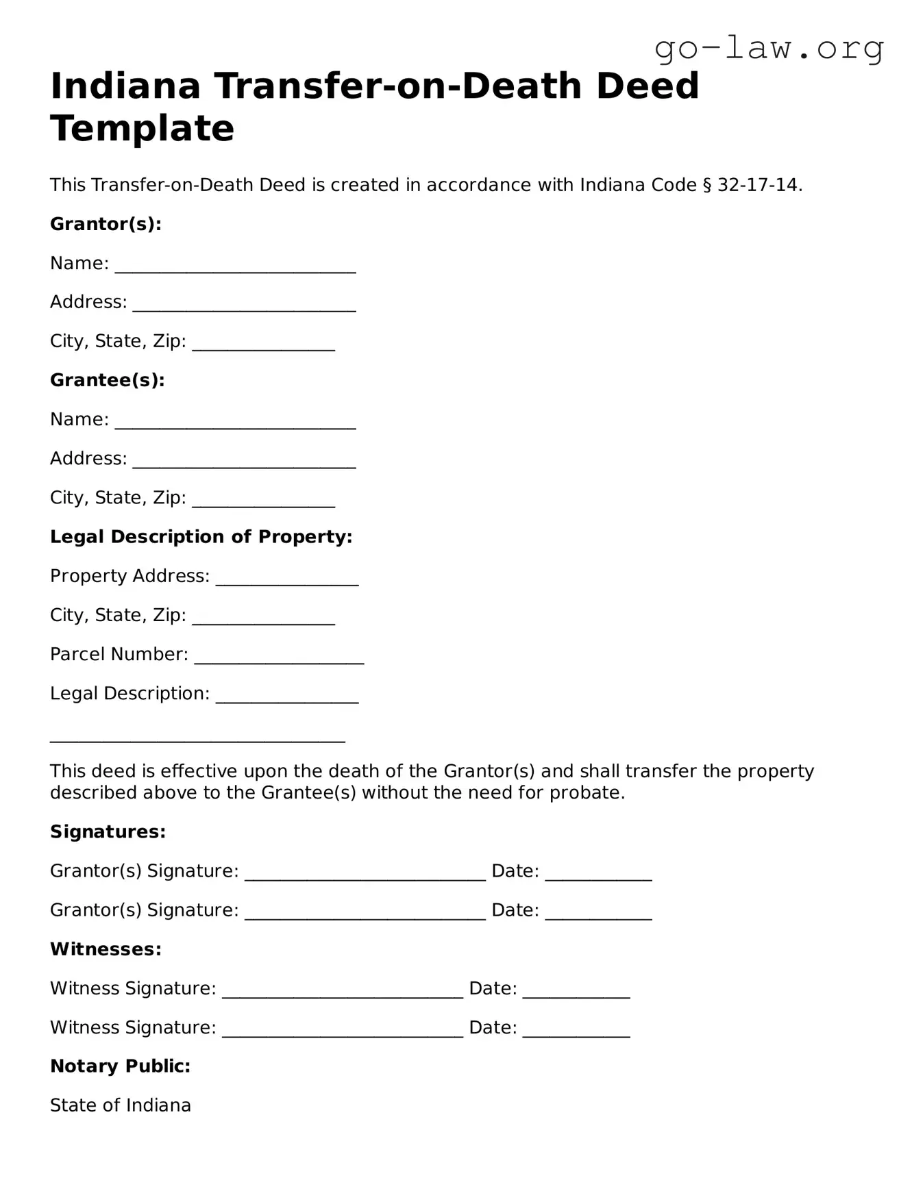 Fillable Indiana Transfer-on-Death Deed Form
