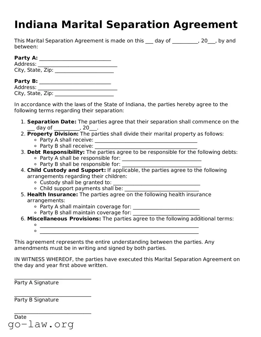 Fillable Indiana Marital Separation Agreement Form