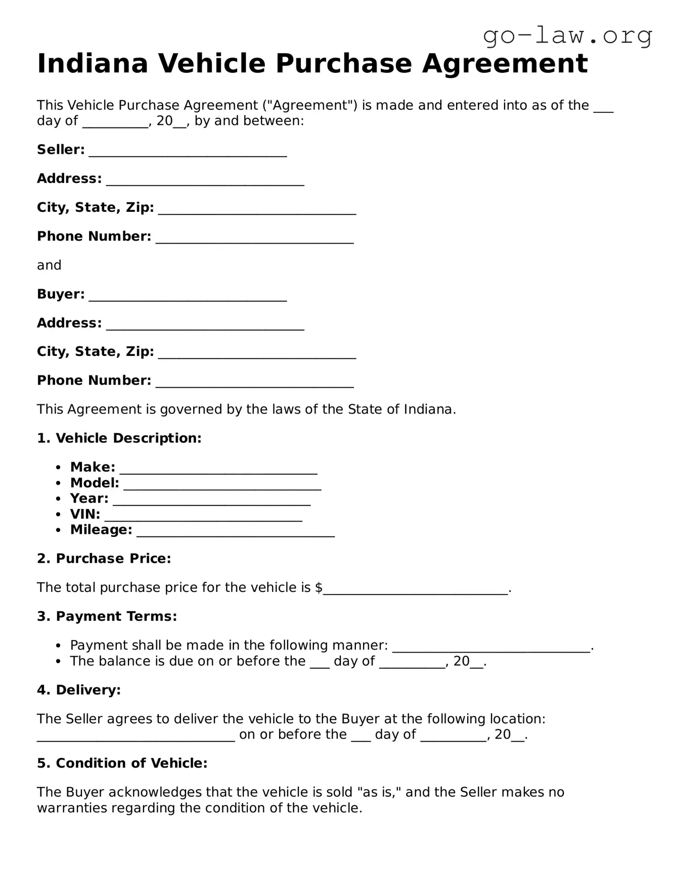 Fillable Indiana Vehicle Purchase Agreement Form