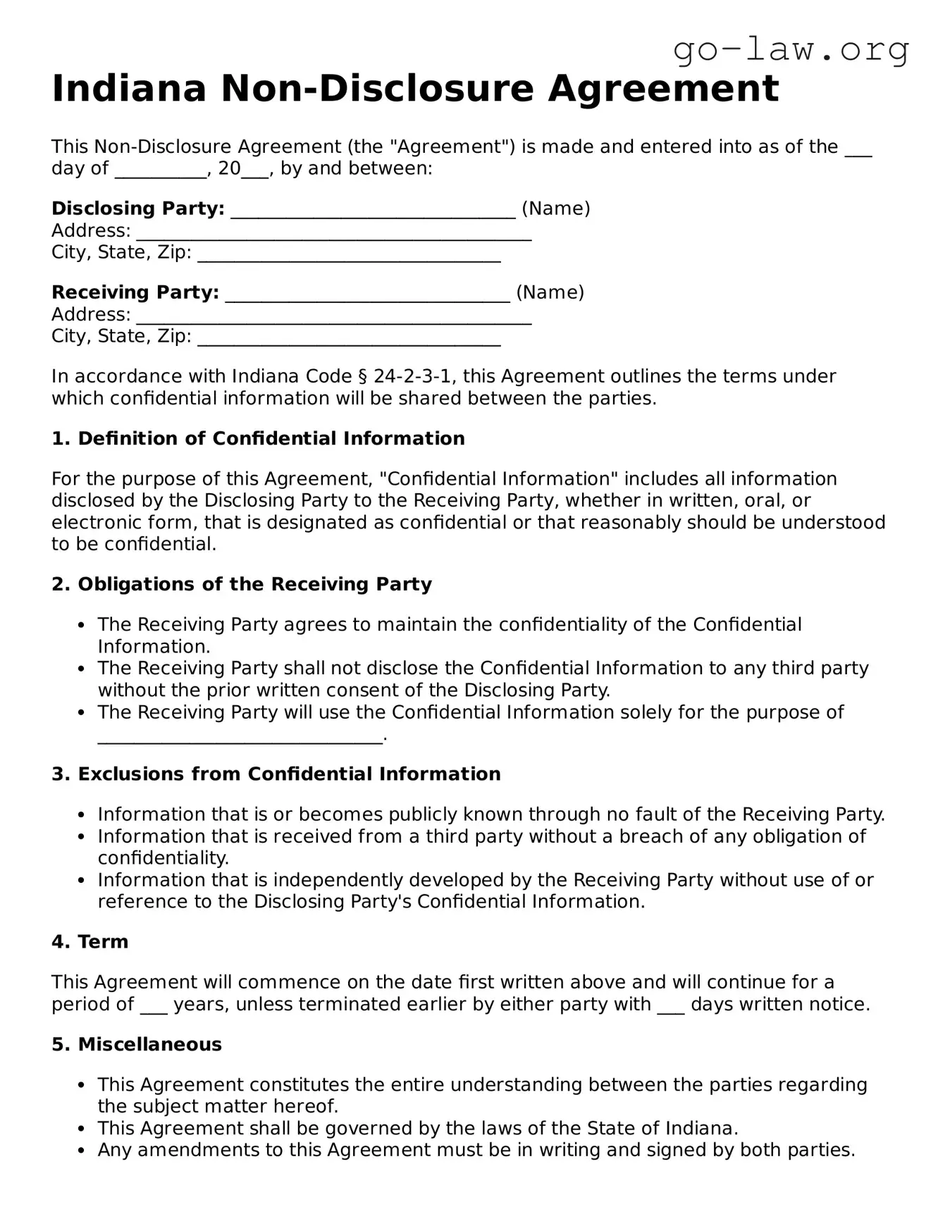 Fillable Indiana Non-disclosure Agreement Form