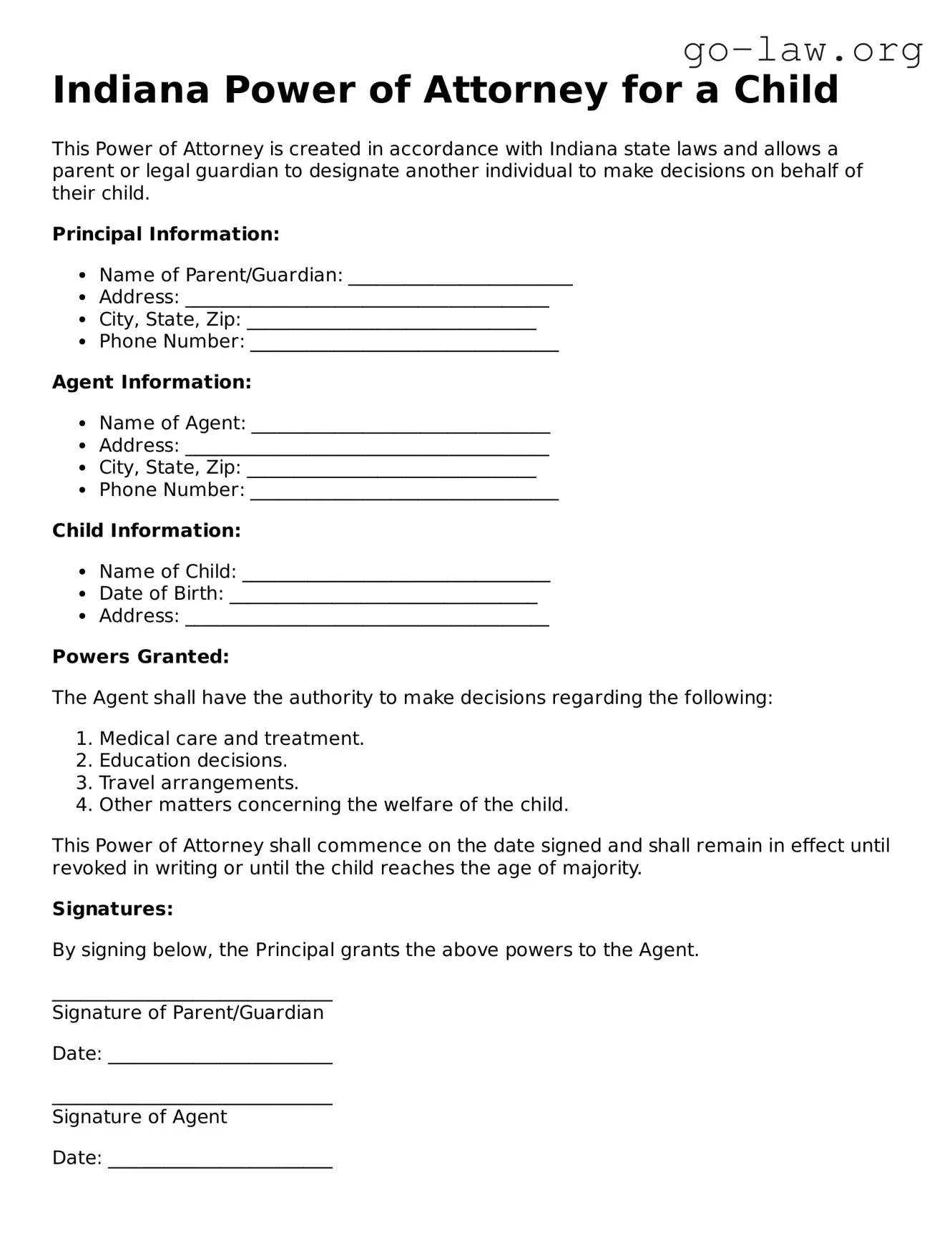 Fillable Indiana Power of Attorney for a Child Form