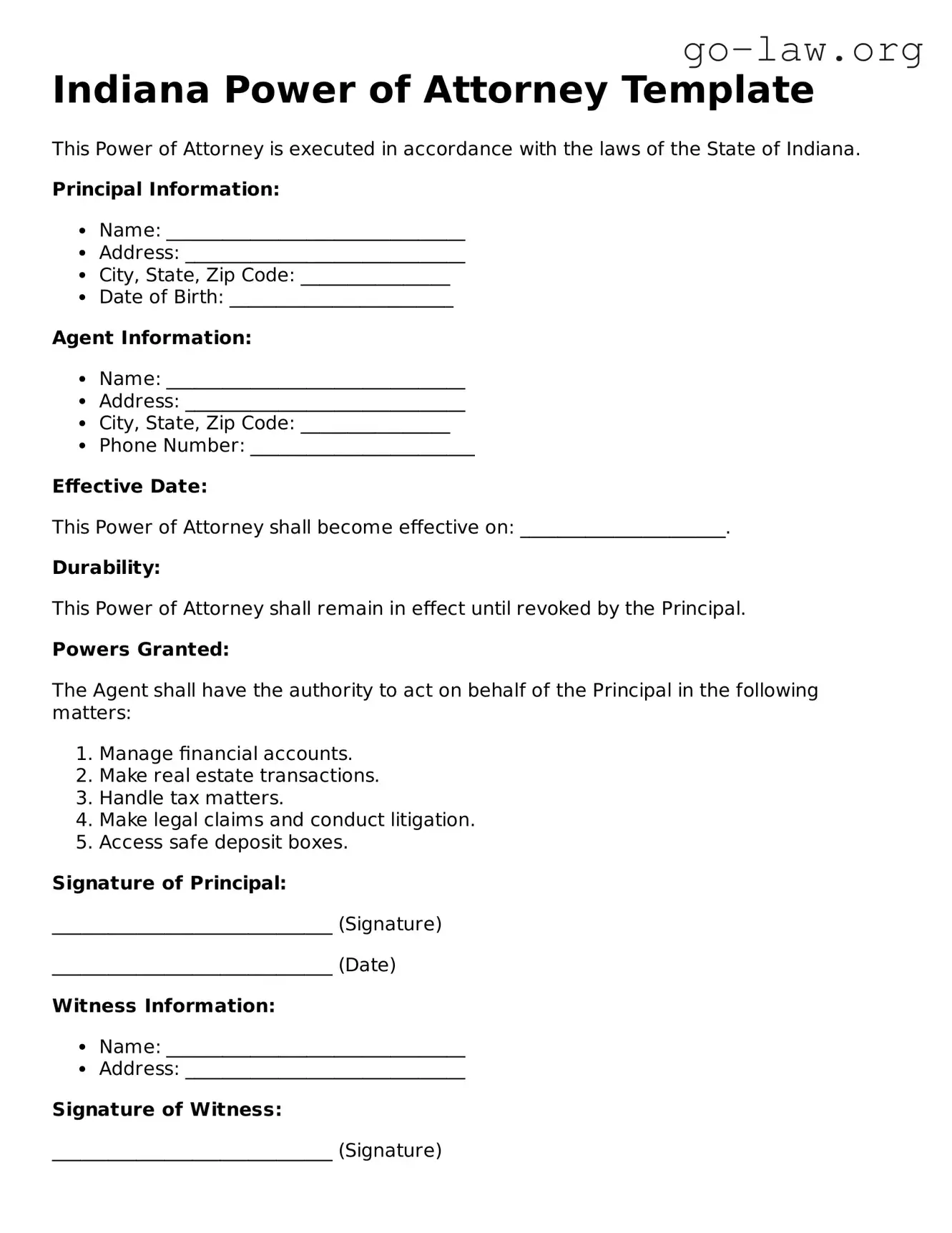 Fillable Indiana Power of Attorney Form