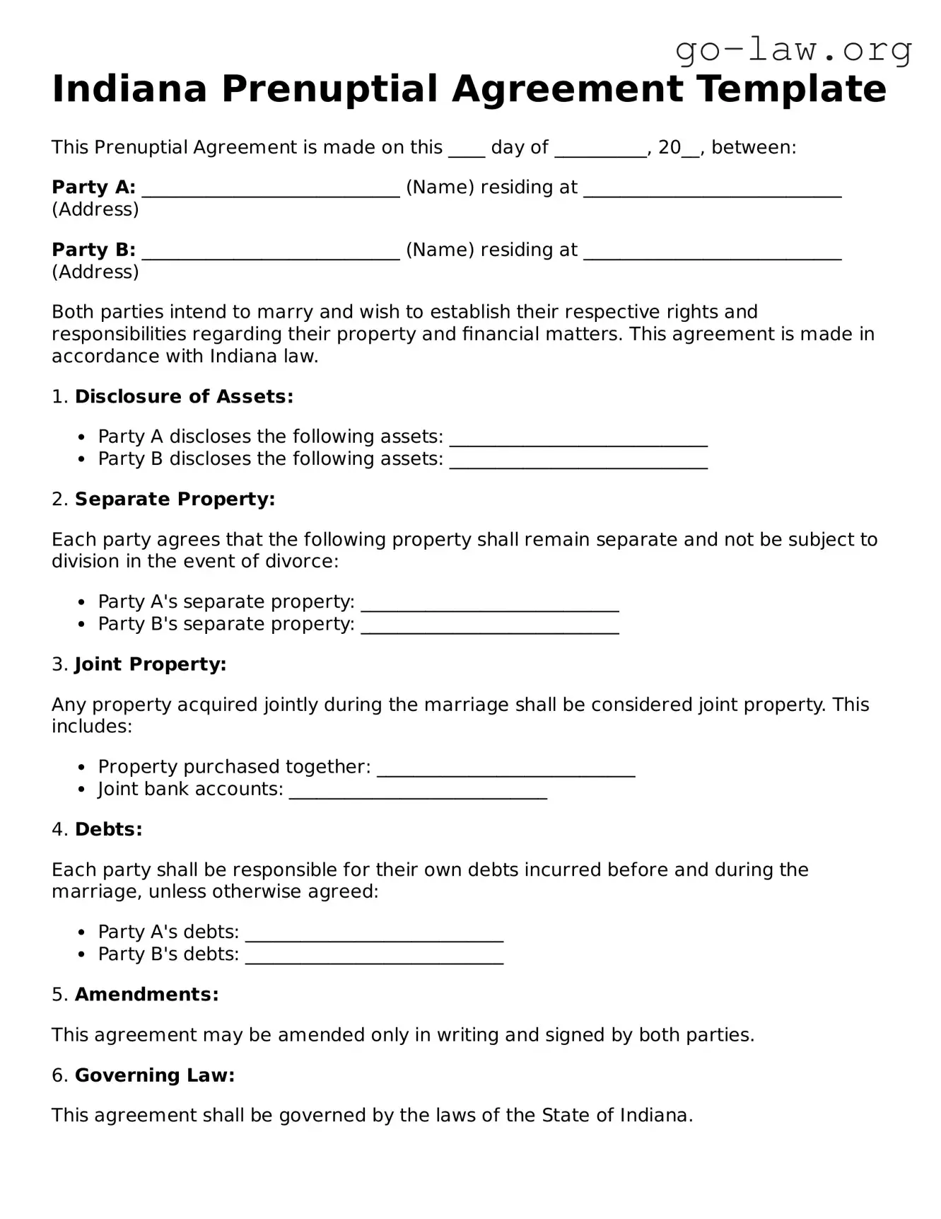 Fillable Indiana Prenuptial Agreement Form
