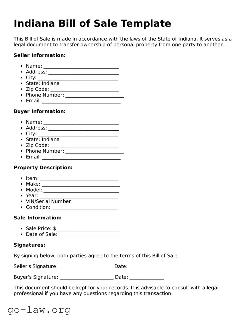 Fillable Indiana Bill of Sale Form