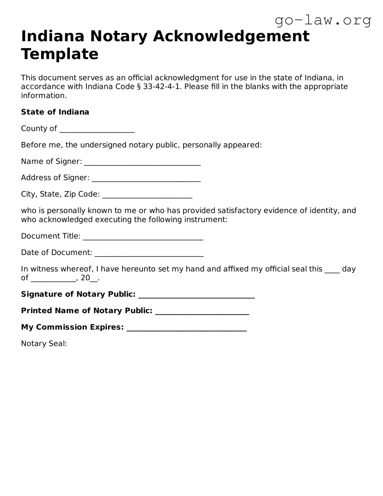 Fillable Indiana Notary Acknowledgement Form