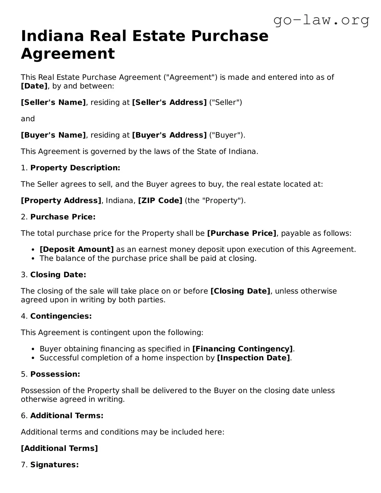 Fillable Indiana Real Estate Purchase Agreement Form