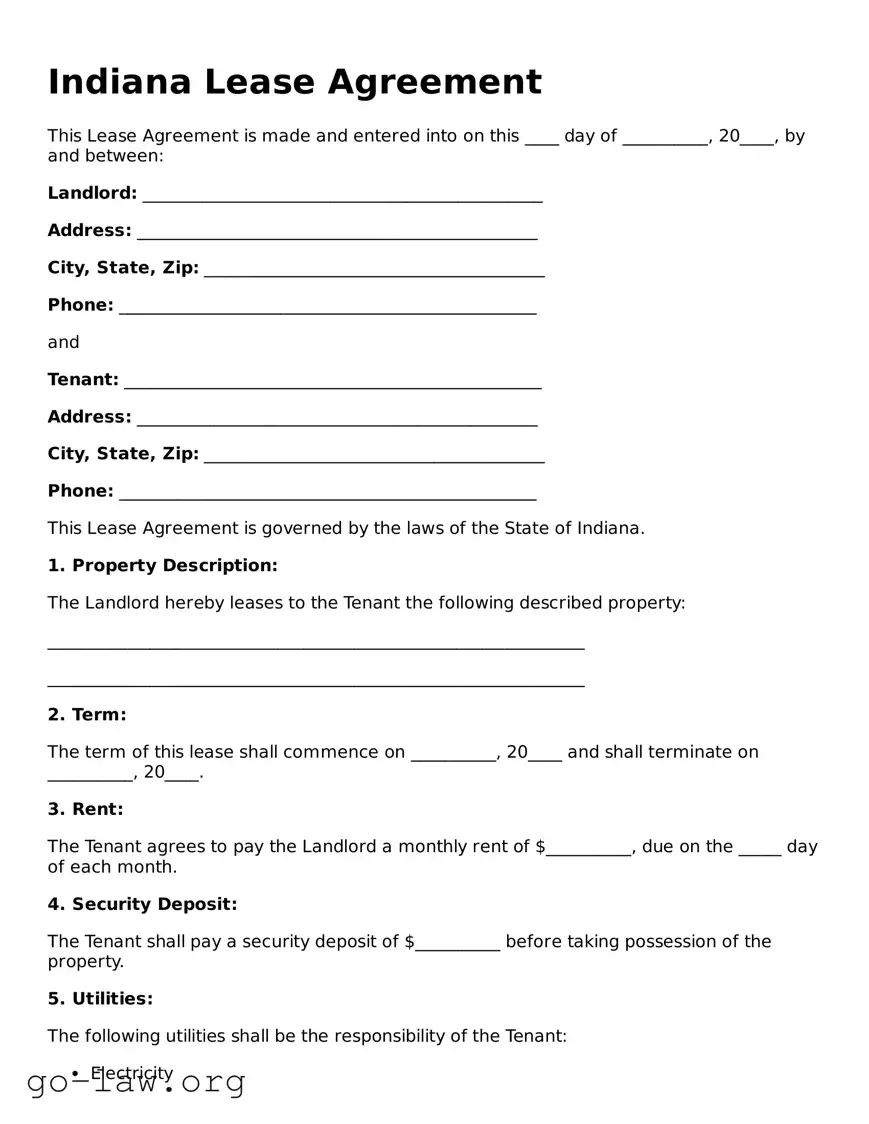 Fillable Indiana Lease Agreement Form