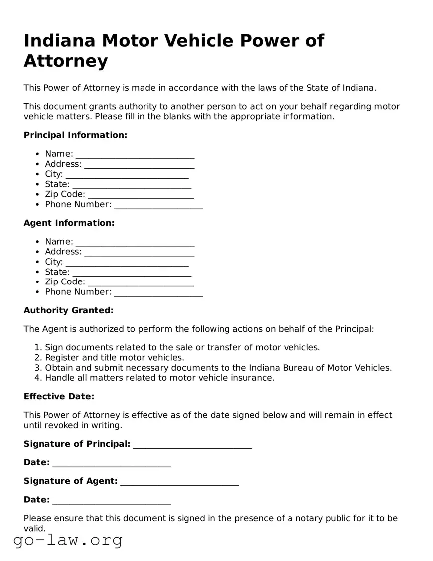 Fillable Indiana Motor Vehicle Power of Attorney Form
