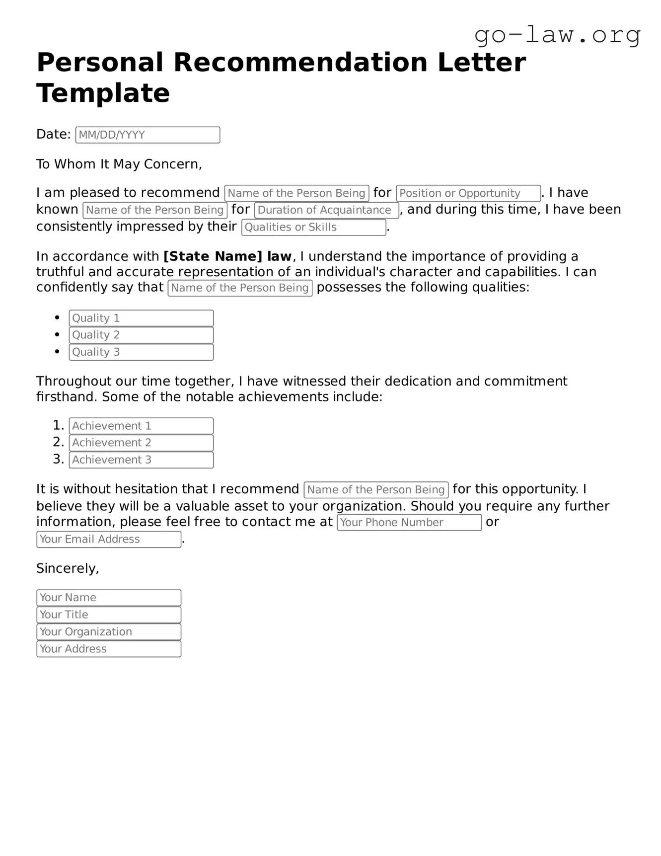 Blank Personal Recommendation Letter Template