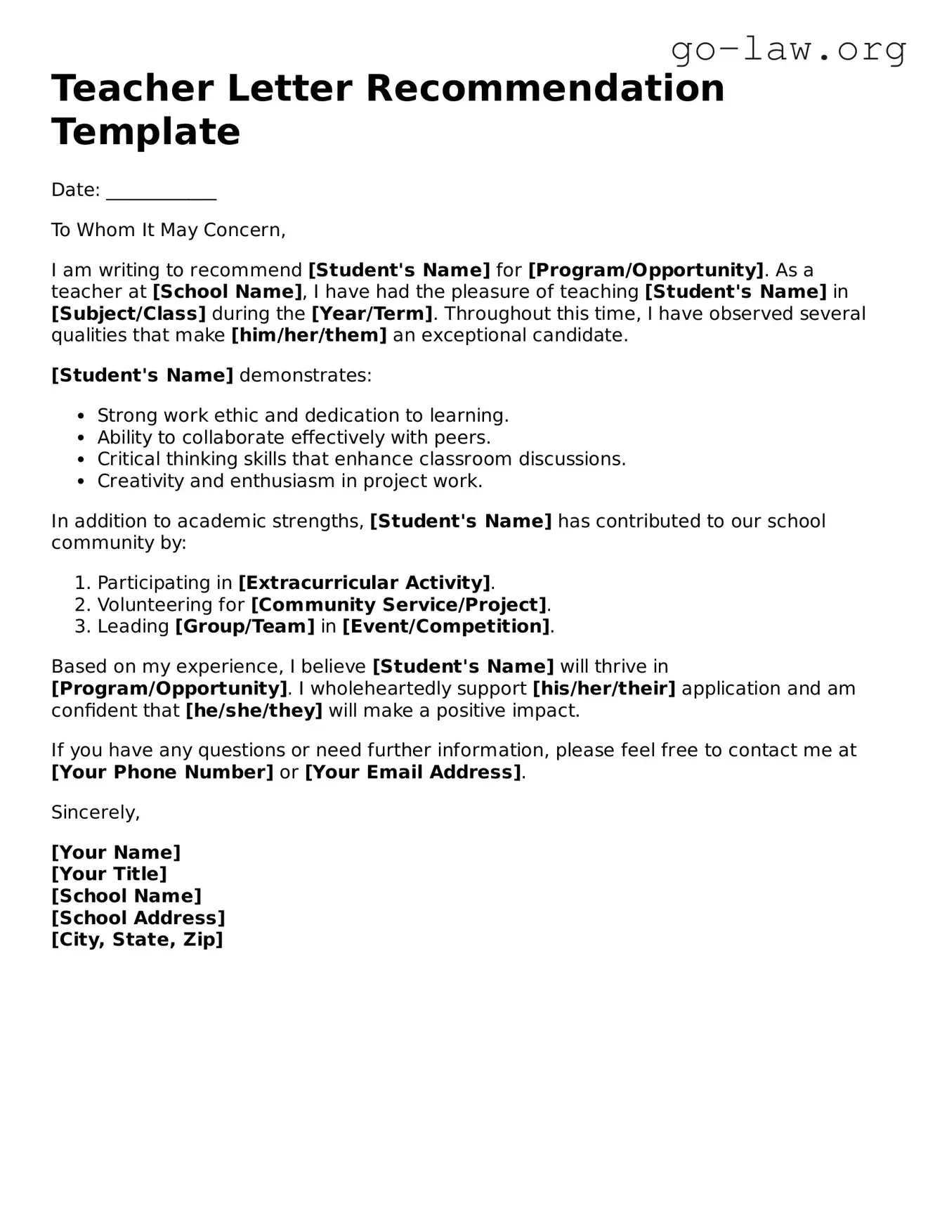 Blank Teacher Letter Recommendation Template