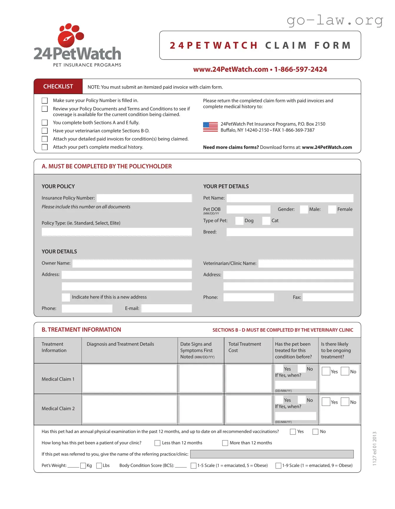 Download 24Petwatch Claim Form in PDF