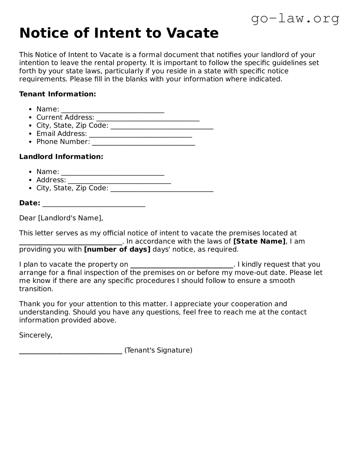 Blank Notice of Intent to Vacate Template