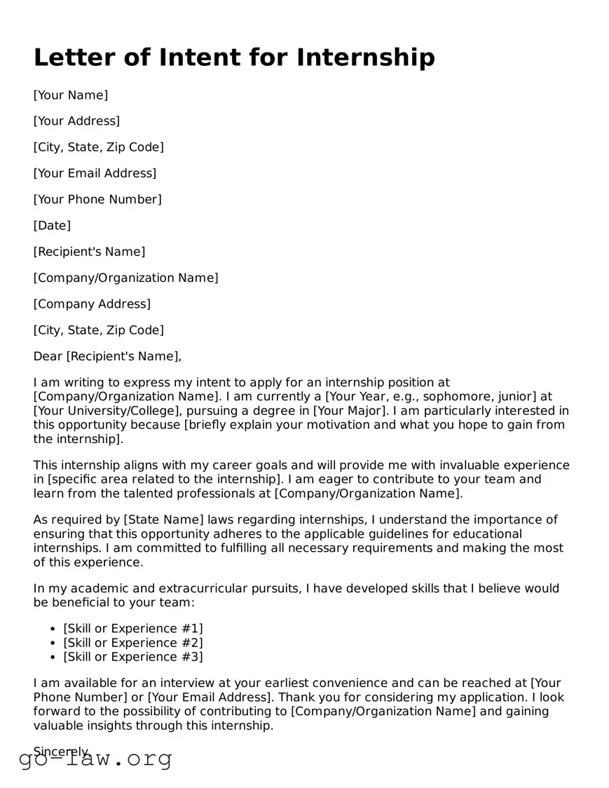 Blank Letter of Intent for Internship Template