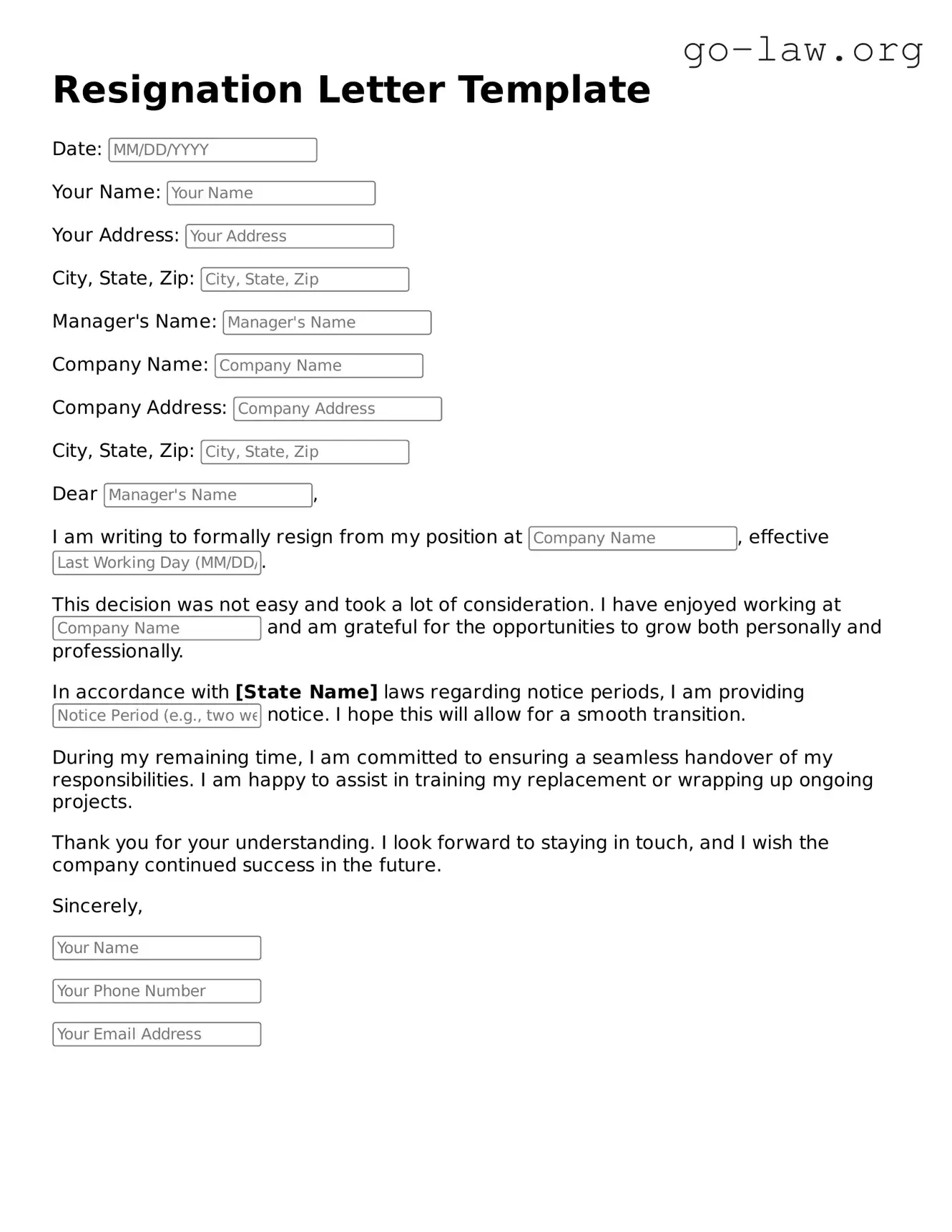Blank Resignation Letter Template