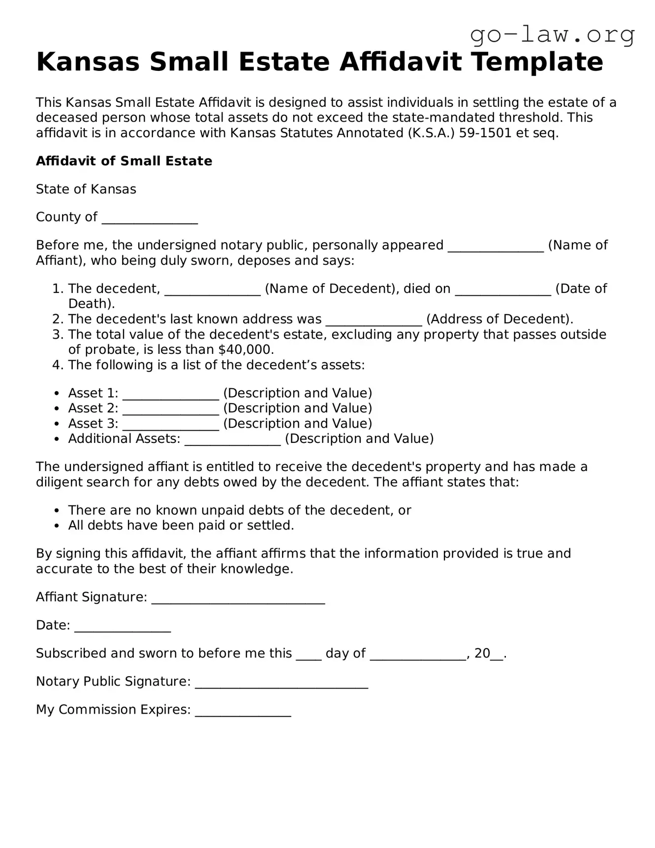 Fillable Kansas Small Estate Affidavit Form