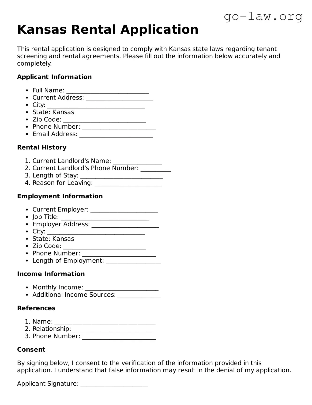 Fillable Kansas Rental Application Form