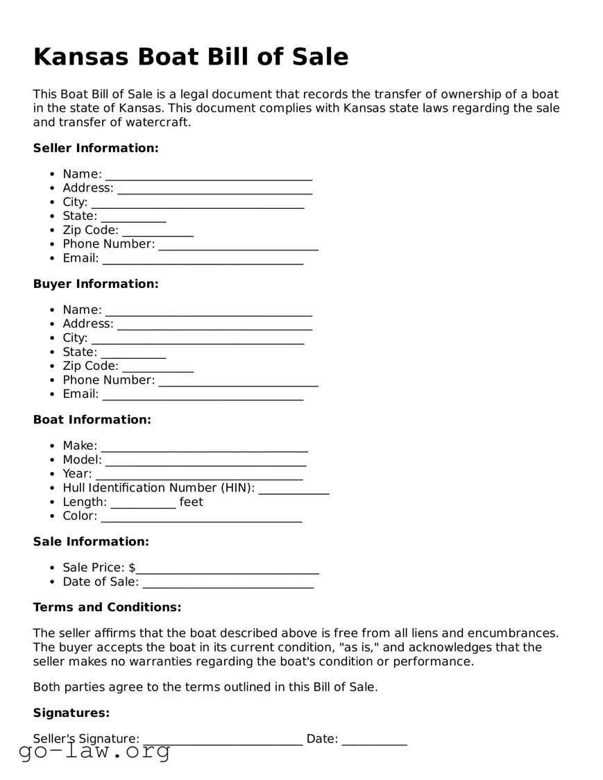 Fillable Kansas Boat Bill of Sale Form