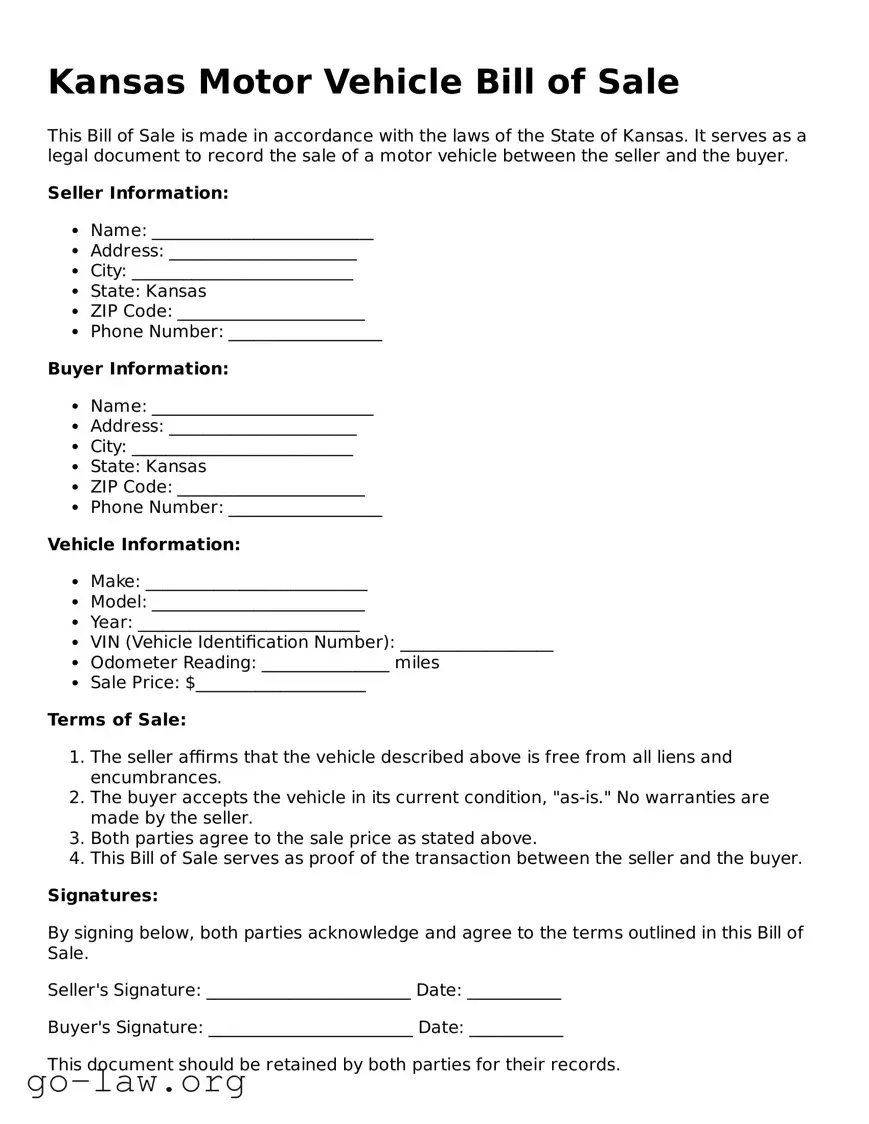 Fillable Kansas Motor Vehicle Bill of Sale Form