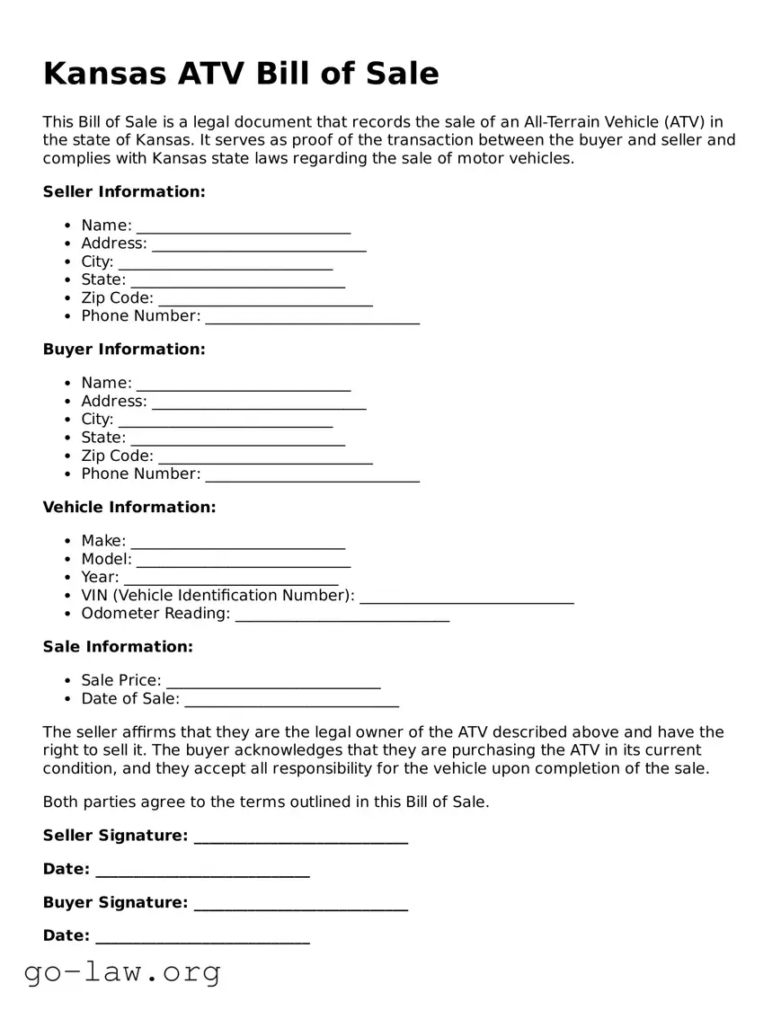 Fillable Kansas ATV Bill of Sale Form