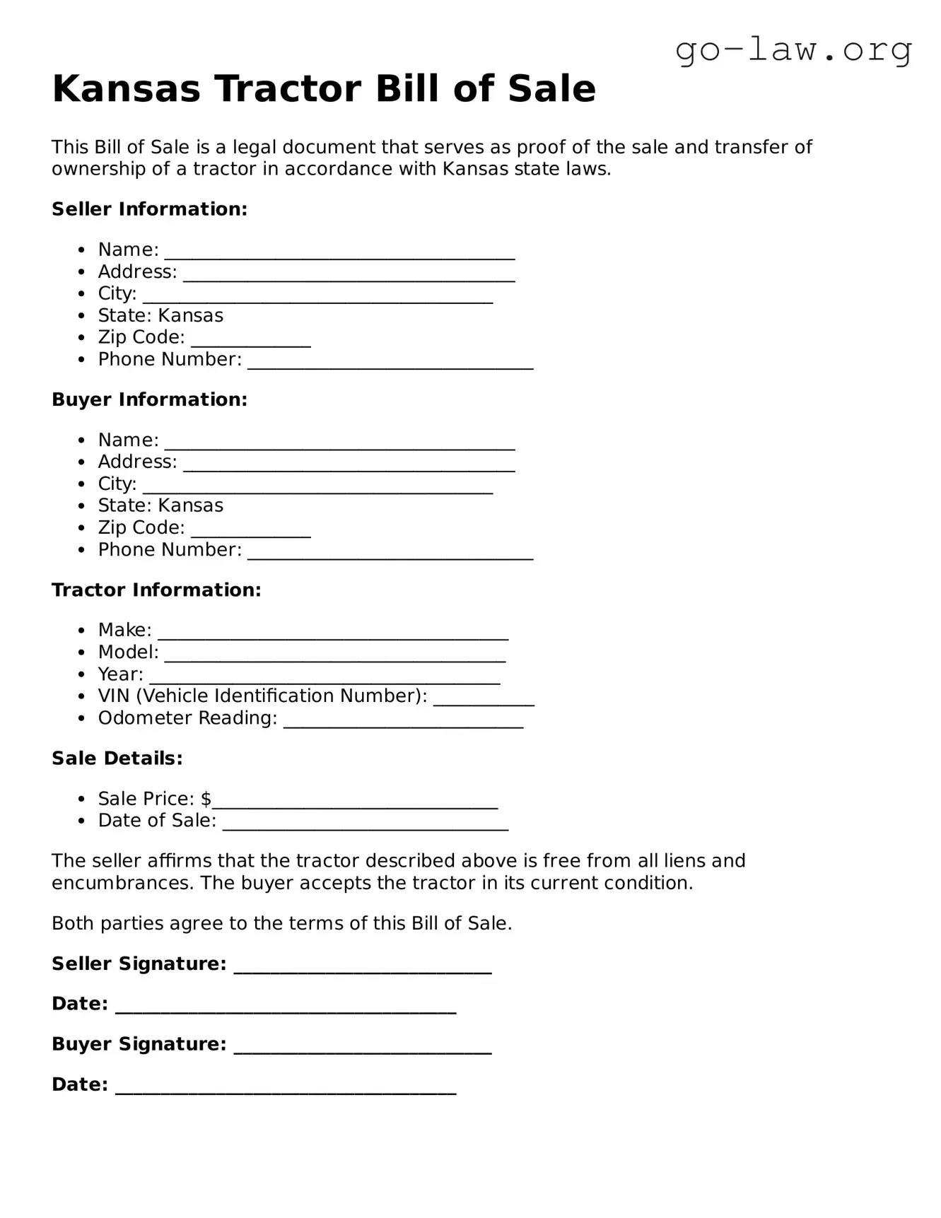 Fillable Kansas Tractor Bill of Sale Form