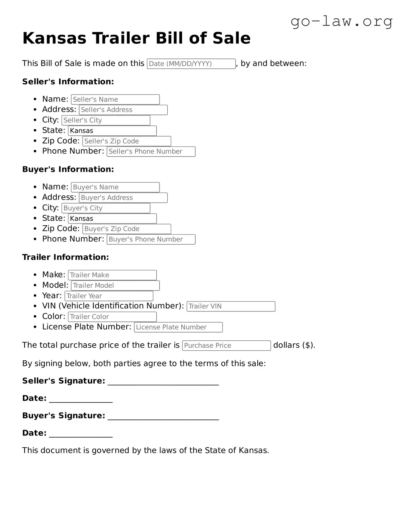 Fillable Kansas Trailer Bill of Sale Form