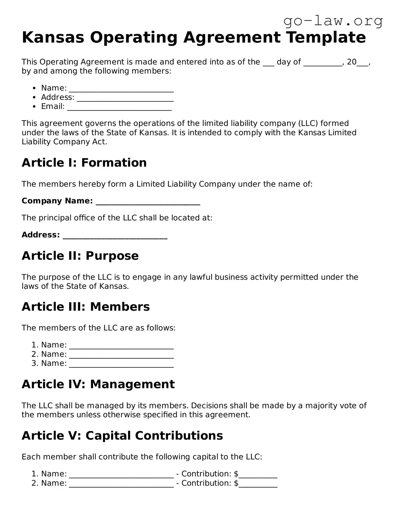 Fillable Kansas Operating Agreement Form